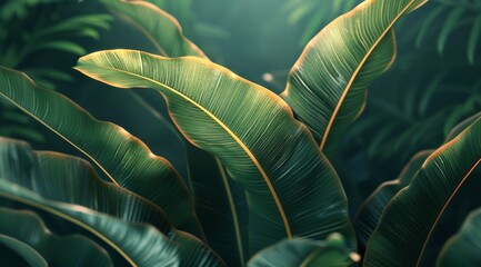Lush Green Banana Leaves in a Misty Tropical Forest