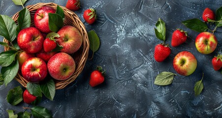 Wall Mural - Fresh Red Apples and Strawberries in Wicker Basket on Blue Background
