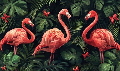 Surrealistic tropical flamingo pattern, retro vintage style, in the whimsical, cartoonish manner of Tiago Hoisel, kimoicore touch.