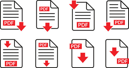 Aufkleber - pdf file download symbols set, pdf document text, web format information, pdf file download icon set vector illustration.
