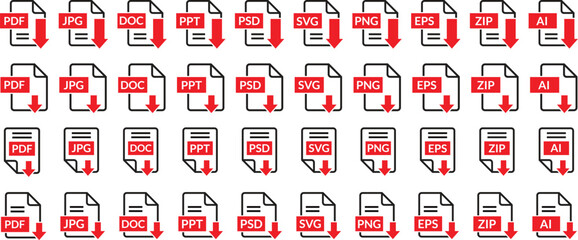 Aufkleber - file download symbols set, document text, web format information, images, vector images, different variations download icon set vector illustration.