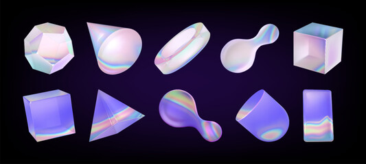 Poster - 3D glass geometric objects set isolated on black background. Vector realistic illustration of iridescent abstract diamond, cube, cone, pyramid shape design elements with transparent iridescent surface
