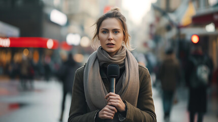 breaking news female woman reporter covering live event for news media and television press headlines standing in the middle of the street holding microphone