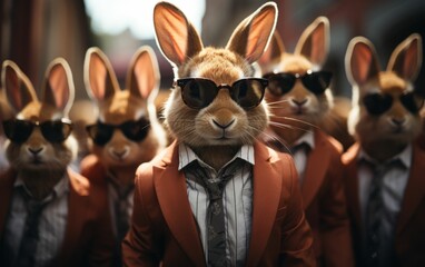 A group of rabbits wearing sunglasses and ties. The rabbits are dressed up and posing for a photo