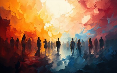 A group of people are walking in a colorful, abstract painting. The painting is divided into two sections, one in red and one in blue. The people are walking in a line