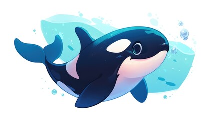 A fun and vibrant cartoon 2d icon of a whale orca isolated on a white background