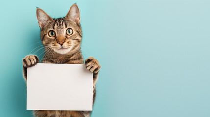 Adorable tabby cat holding a blank sign on a vibrant light blue background, ready for your message, Animal photography