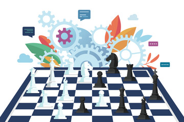 Wall Mural - Chess figures on a chess board with mechanic gears in the background. Vector illustration