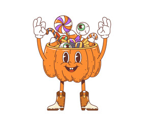 Wall Mural - Cartoon retro groovy Halloween pumpkin as sweets bucket, vector funky comic character. Groovy funny pumpkin with happy face and monster candies for Halloween holiday trick or treat party character