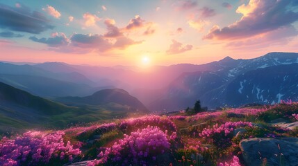 Wall Mural - Mesmerizing Aerial View of Peaceful Mountain Meadow under Pastel Sunset Sky