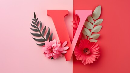 Alphabet flower concept with paper cut V letters isolated on red and pink background