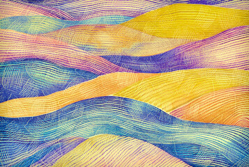 Multi-colored wavy stripes drawn with colored pencils with the texture of corrugated paper.