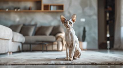 Portrait of a sphynx cat standing with home, Adorable domestic pet concept.