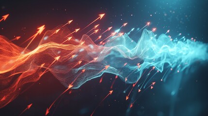A conceptual image of a firewall under attack, depicted as a barrier of light absorbing waves of digital arrows.