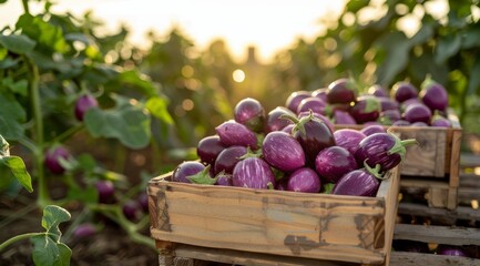 Wall Mural - Fresh Eggplants in a Wooden Crate at Sunset in a Garden