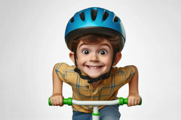 Wall Mural - a playful funny kid in a safety bicycle helmet Isolated on white background