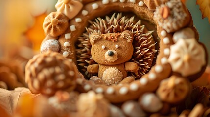 Closeup of gingerbread with a picture of a hedgehog in a baby cake isolated on colorful background