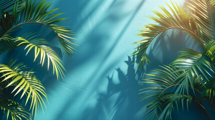Tropical palm leaves frame on light blue background.