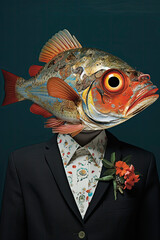 Surreal artwork of a fish-headed man in a suit with a floral shirt and boutonniere against a dark background.