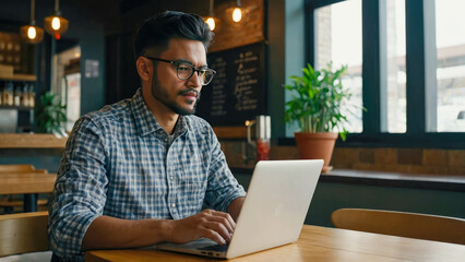 Poster - A man sitting at a wooden table in a cafe, engrossed in work on a laptop. Large windows provide natural light, and a menu board in the background adds to the casual and modern workspace vibe