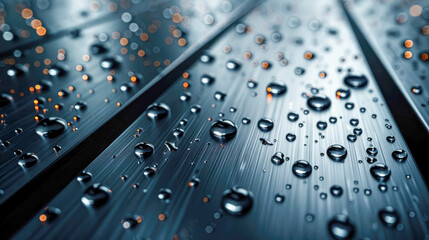 Poster - Close-up droplets on a metallic surface texture, illuminated by orange light reflections