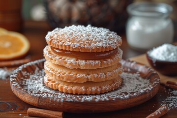 Argentina: Alfajores Two soft cookies sandwiching a layer of dulce de leche, edges rolled in shredded coconut, and a dusting of powdered sugar on top. 