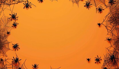 Wall Mural - halloween background with spider web and cobwebs on orange  with background design