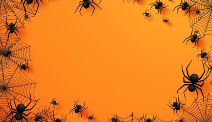 Wall Mural - halloween background with spider web and cobwebs on orange  with background design