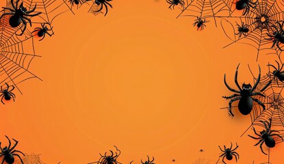 Wall Mural - halloween background with spider web and cobwebs on orange  with background design