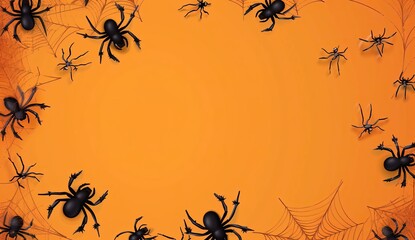 Wall Mural - spiders and cobwebs on orange  with Halloween background design