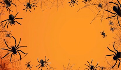 Wall Mural - spiders and cobwebs on orange  with Halloween background design