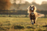 Shetland pony moving swiftly in a field