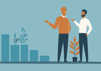 Poster - young professional explaining investment strategy with growth chart background minimalistic business