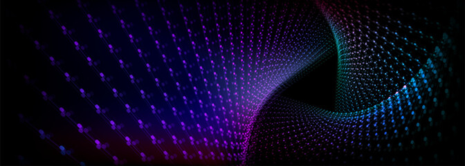 Poster - three abstract surfaces mage from neon glowing blue and purple dots and lines twist into triangular 