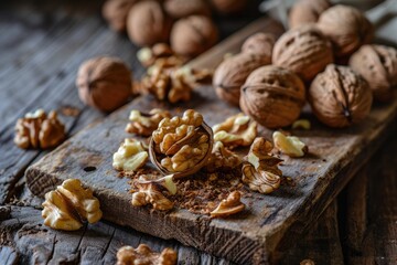 Walnuts whole unpeeled and cracked peeled on a wooden board on a rustic table.