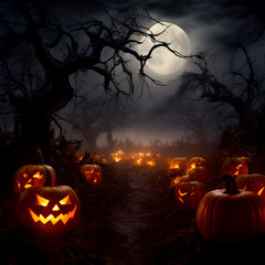 eerie haunted pumpkin patch at night, glowing carved faces, thick fog, full moon, ghostly apparition
