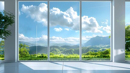 Wall Mural - 3 white windows with a clear sky and green landscape outside, a panoramic window with floor-to-ceili