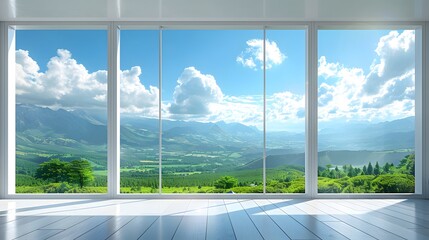 Wall Mural - 3 white windows with a clear sky and green landscape outside, a panoramic window with floor-to-ceili