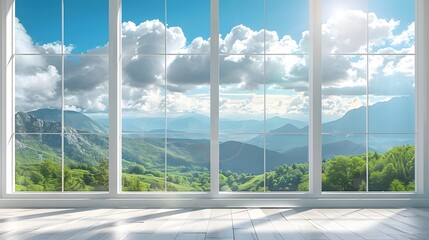 Wall Mural - 3 white windows with a clear sky and green landscape outside, a panoramic window with floor-to-ceili