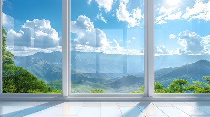 Wall Mural - 3 white windows with a clear sky and green landscape outside, a panoramic window with floor-to-ceili