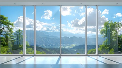 Wall Mural - 3 white windows with a clear sky and green landscape outside, a panoramic window with floor-to-ceili