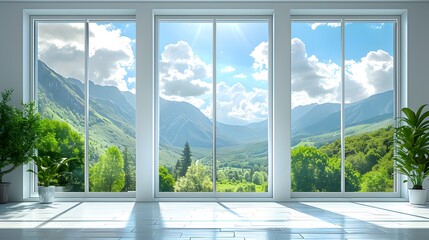 Wall Mural - 3 white windows with a clear sky and green landscape outside, a panoramic window with floor-to-ceili