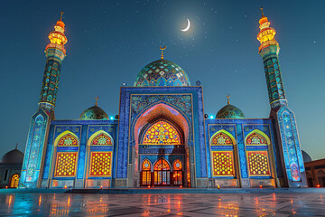 Wall Mural - A vibrant Eid al-Adha Mubarak display featuring a beautifully lit mosque with colorful, intricate patterns on its walls, and a crescent moon shining brightly in the night sky.