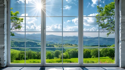 Wall Mural - 3 white windows with a clear sky and green landscape outside, a panoramic window with floor-to-ceili