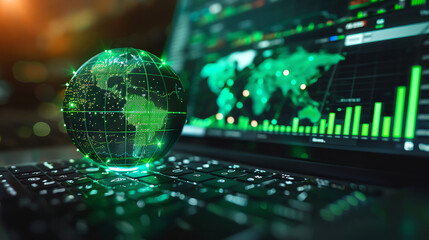 A glass globe sits on a laptop keyboard, with a screen showing green financial charts.  This image represents global finance and technology.