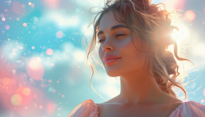 Wall Mural - A woman with long hair and is smiling in the sun on pastel background with bokeh effect