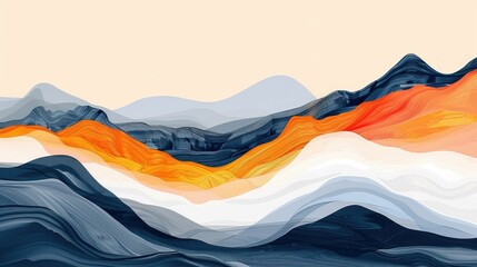 Poster - Beautifully minimalist and abstract digital painting depicting a serene mountain landscape with smooth flowing lines and a serene gradient filled sky