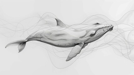 Poster - Captivating abstract minimal line art showcasing the elegant and graceful movement of a whale swimming through fluid wave like lines  This stylized