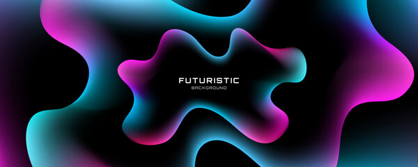 Poster - Colorful abstract background on dark space with neon waves decoration. Modern banner with glowing dynamic colors. Graphic design element liquid style concept for web, flyer, card, or brochure cover