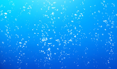 Wall Mural - Air Bubbles Float Up Under Blue Water. Pure Water, Oxygen Relaxation. Blue Textured Background.